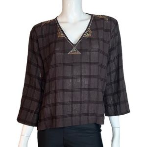 4/$24 Gepetto 3/4‎ Sleeve V-Neck Plaid Brown and Black Blouse